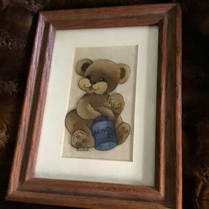 Vintage Rare Reverse glass Painting -baby bear with his paws in the honey jar
